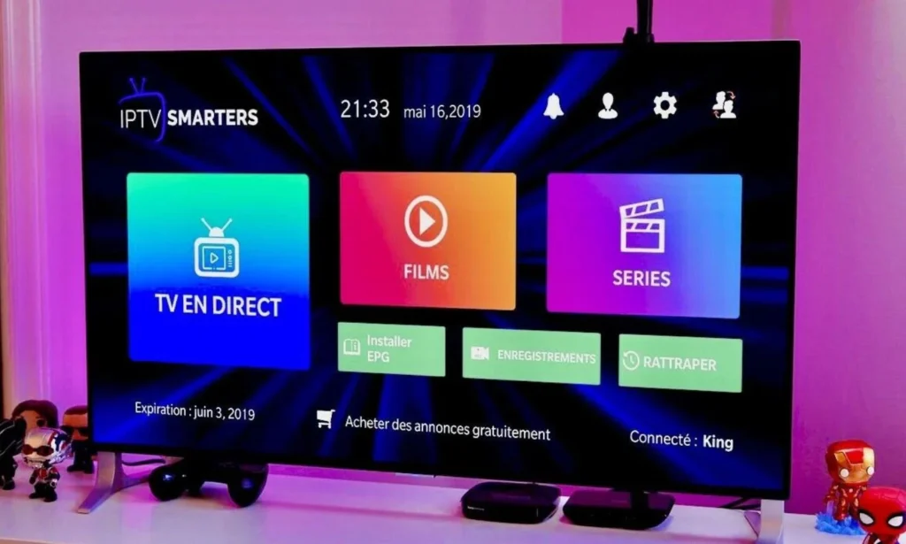 IPTV Smarters application displayed on a Smart TV screen, showcasing premium features of the best IPTV service with HD streaming and user-friendly interface.